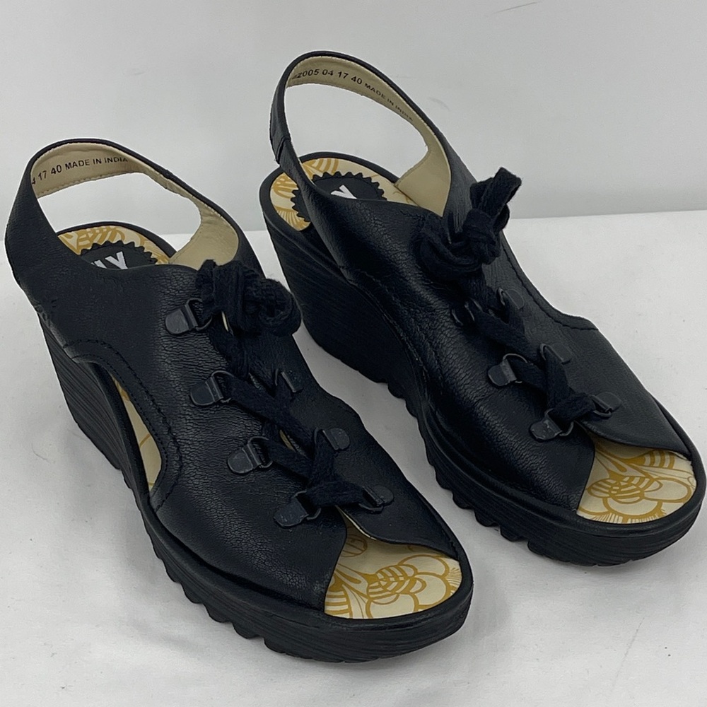 FLY LONDON SIZE 40 Black Women's Wedge Sandals Lace up OPEN TOE MADE IN INDIA